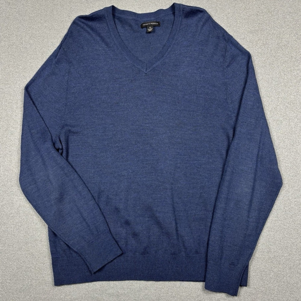 Kenneth‎ Roberts Wool Blend V Neck Sweater Mens 2XL Blue